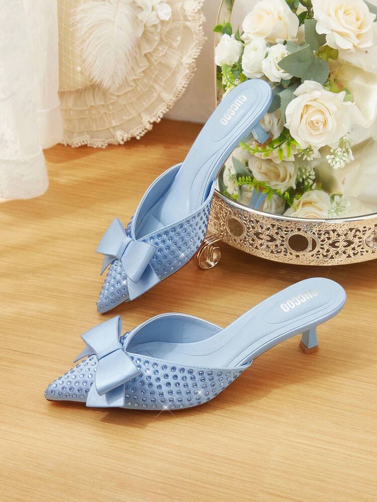 CUCCOO HITCHD Women's Autumn/Winter New Sparkling Crystal Bow Pointed Toe Kitten Heel Elegant Luxurious Romantic Sexy Burgundy Satin High Heel Mules Dress Shoes, Bridal Wedding Guest Party Formal Occasion For Christmas
