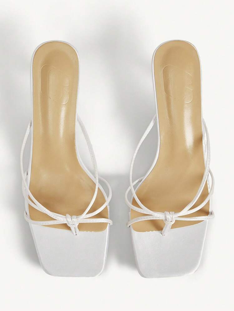 CUCCOO CHICEST White Satin Padded Feet, High Heels, Square Toe, Thin Straps, And Sandals.
