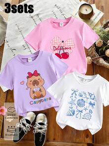 Bộ 3 áo thun ngắn tay cổ tròn màu trắng/hồng/tím dành cho bé gái, kiểu dáng thường ngày, họa tiết hoạt hình chuột lang nước, nơ anh đào và hình ảnh đại dương, thời trang và dễ thương cho mùa hè. - Màu tím - Xem 4