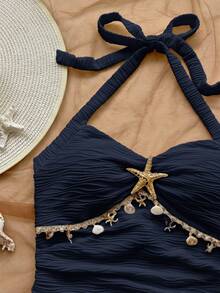 Soleia Bộ đồ 2 mảnh gồm áo hai dây hở lưng và quần short dành cho nữ, trang phục đi nghỉ mát. - Màu xanh hải quân - Xem 6