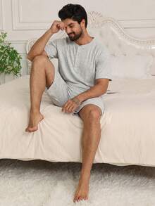 DAZY Bộ đồ ngủ nam màu xám tay ngắn và quần short, thích hợp cho mùa hè. - Màu Xám nhạt - Xem 6
