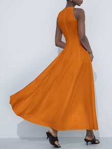 Aveloria Modichic Elegant Round Neck Sleeveless Oblique Shoulder Cinched Waist Exaggerated Pleated Ruffle Maxi A-Line Dress For Commuting - Orange - View 2