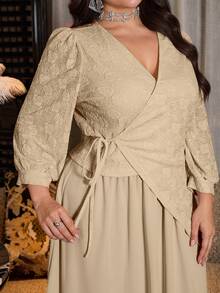 Modelyn Spring & Summer Fashion Jacquard Criss-Cross Tie Asymmetrical Top Paired With Flared Midi Dress - Apricot - View 3