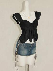 SHEIN ICON Áo hai dây nữ dáng lửng, tay ngắn, hở lưng, chất liệu jacquard, kiểu Pháp lãng mạn, xếp ly phía trước, ôm sát, khoét eo, thích hợp cho kỳ nghỉ. - màu đen - Xem 7