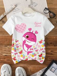 BABY SHARK X SHEIN 少女休闲日常通勤可爱卡通字母印花短袖T恤，夏季 - 白色 - 查看 1