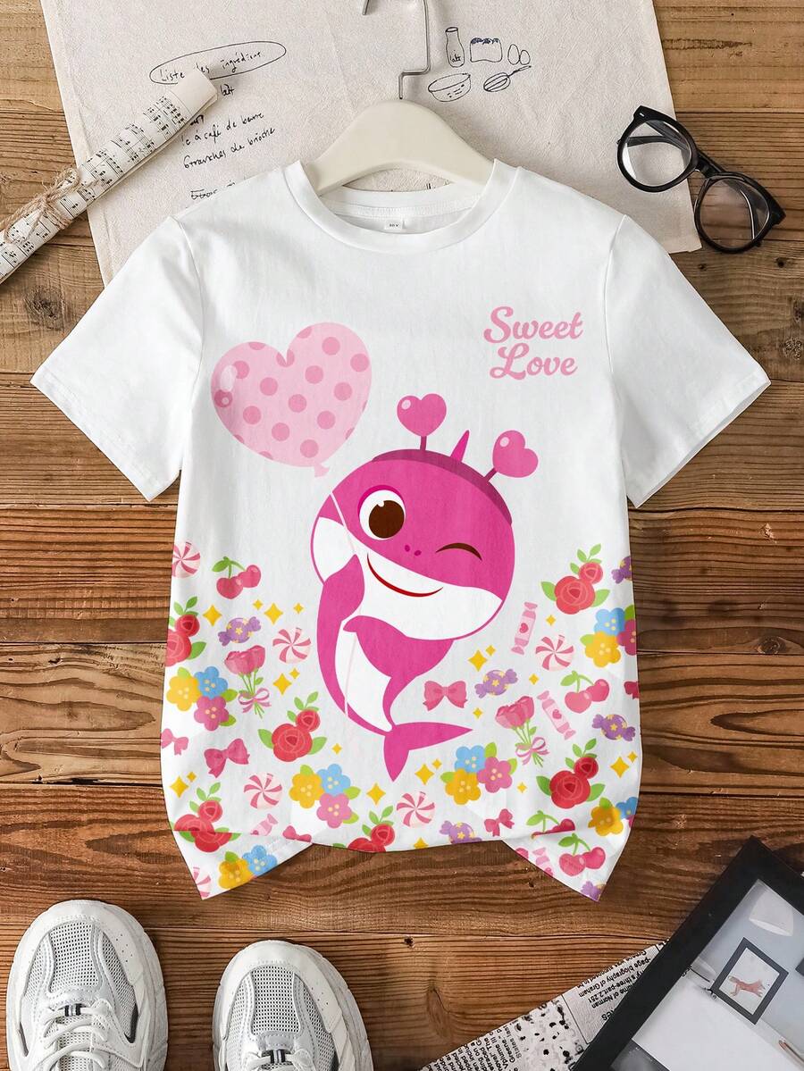 BABY SHARK X SHEIN 少女休闲日常通勤可爱卡通字母印花短袖T恤，夏季 - 白色 - 查看 1