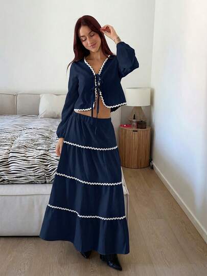 Abrilcols 女士法式优雅灯笼袖荷叶边蝴蝶结衬衫和裙子两件套