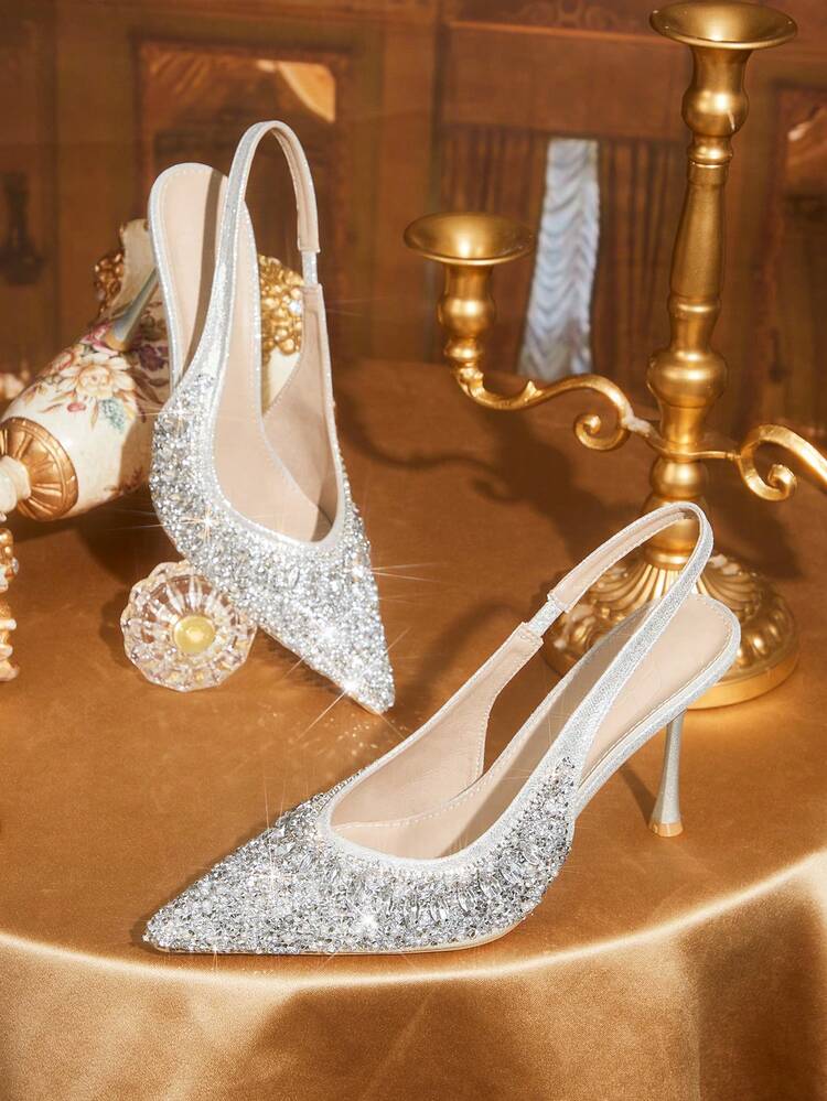 CUCCOO TILAWA Women Shoes Silver New Pointed Stiletto Back Lift Fashion Gorgeous Rhinestone Sexy Banquet Party Night Club Women's High Heel Shoes Slingback Shoes Women's Shoes