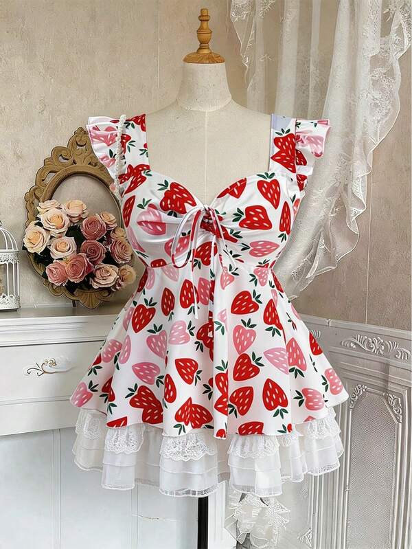 Sweetra Plus Size Cute Girl Strawberry Print Cap Sleeve Smock Top, Flattering For Daily, Outing And Vacation Wear, Summer