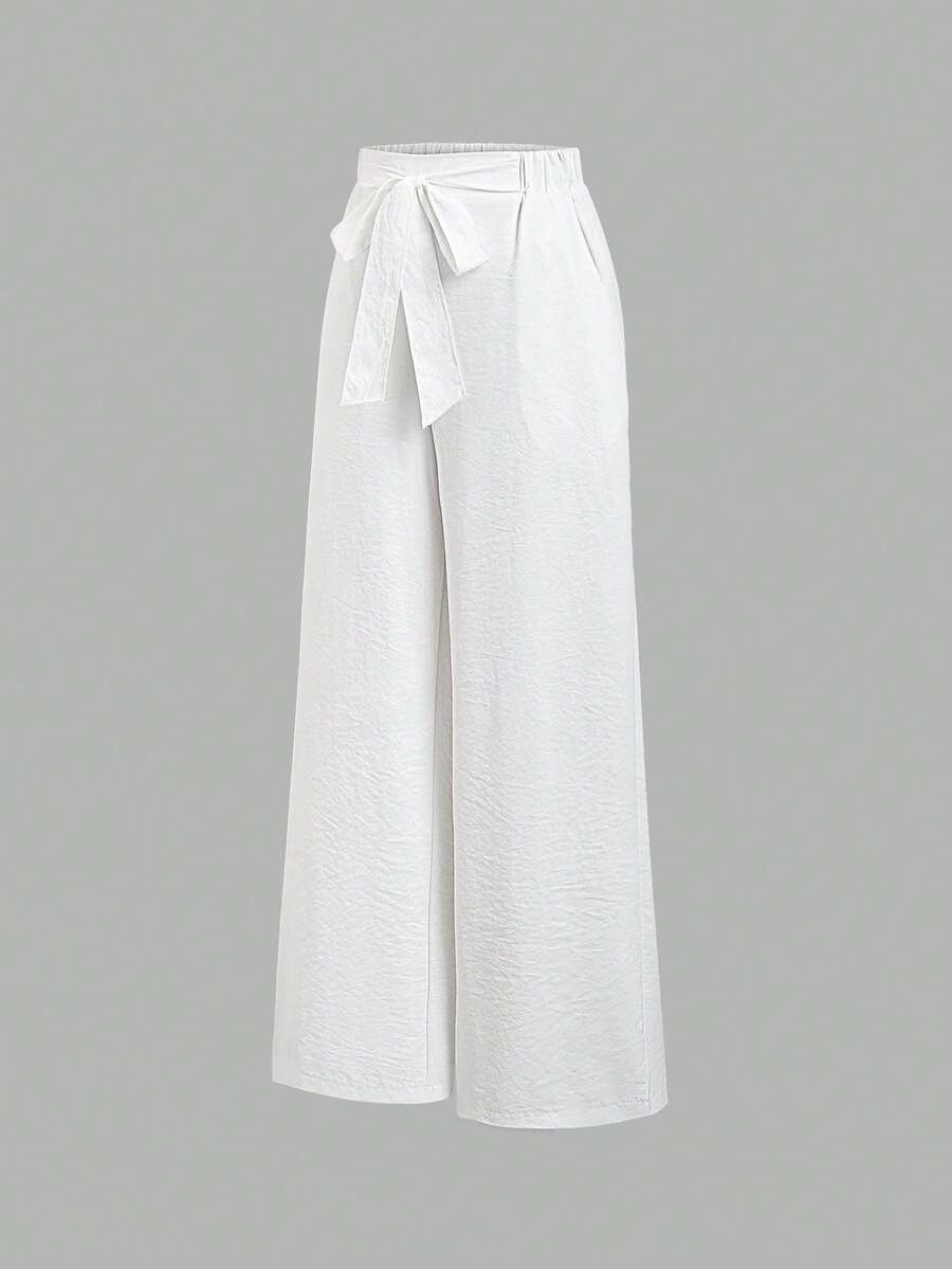 Sweetra Women's Solid Color Minimalist Daily Wear Bowknot Tie Pants, Spring/Summer - White - View 1