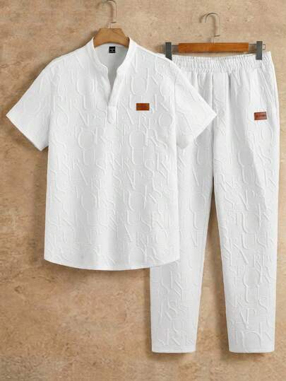 HIMLAND Men's Solid Color Notched Neck Short Sleeve T-Shirt And Drawstring Waist Slant Pocket Long Pants Set Men's Solid Color V-Neck Short Sleeve T-Shirt Set, Summer Daily Essential Wardrobe Staple Basic Style All-Match Style Go-To Piece Mix-And-Match Item Casual Versatile Style  Multi-Piece Set 2-Piece Set  Premium Textured Fabric Men White 2 Piece Outfit 2 Piece Set For Men Summer Men 2 Piece Set Shirt And Pants Set Men Old Money Boyfriend Gift, Summer, Couple Things Summer For Husband For Going Out Henley Shirt
