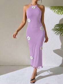 Rafferiza Đầm ôm dáng cổ yếm họa tiết hoa, tua rua ở gấu váy. - Màu Lilac Tím - Xem 4