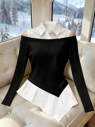Franclia Women's French-Style Minimalist Fashion Asymmetrical 2 In 1 PLOL Collar Long-Sleeved Classic Black And White Color-Blocked New Women's Top, Black And White Color-Blocked Shirtwinter For Women,Christmas,New Year ,White For New Year's Eve,Party,Beach,Elegant,Casual,Casual For Women,Romance, Valentine's Day, Dating,Graduation Season Attire, Fashionable Casual Commuter Wear, Business Office Wear, Versatile And Stylish Everyday Casual Wear, Urban Teacher's Professional Attire