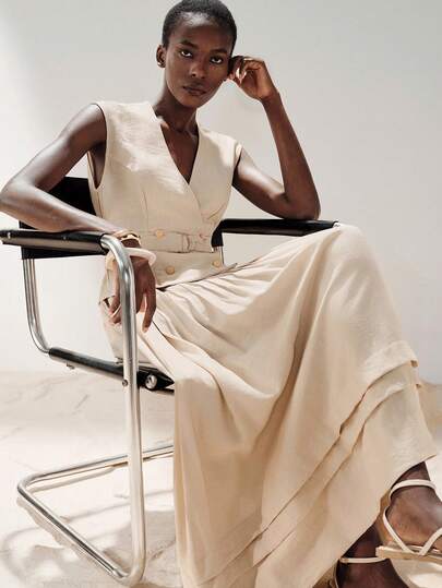 Aveloria Modichic Women's Blazer Skirt Set Faux Linen Textured Fabric A-Line Swing Silhouette V-Neck Overlap With Belt And Metal Buckle Design Elegant Vacation Retro Style Elegant Dresses For Women Vacation Outfits Women Summer Dresses For Women