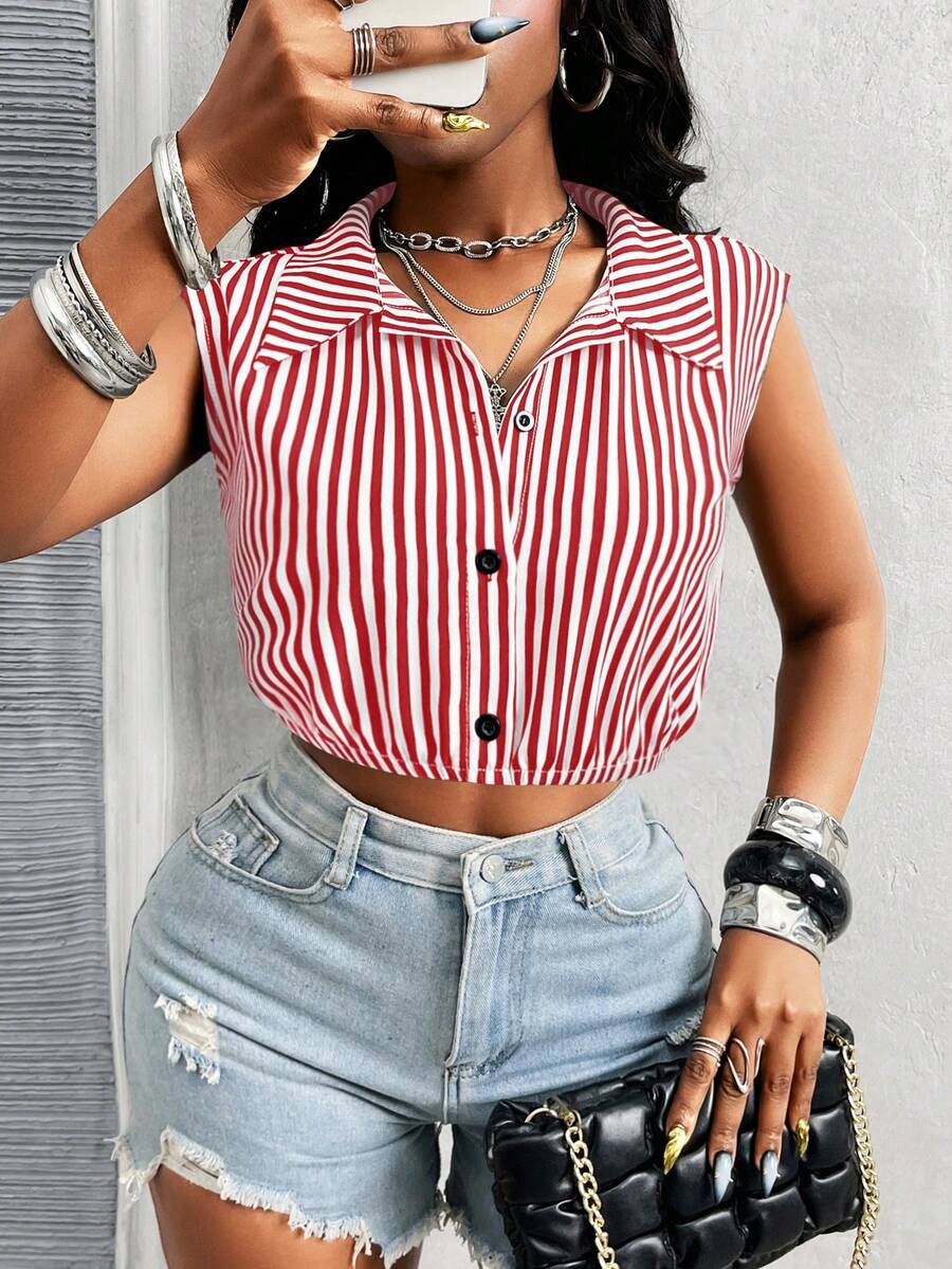 Glyssa 女士黑白条纹休闲度假日常通勤无袖露脐性感简约半开襟衬衫 - 紅色 - 查看 1