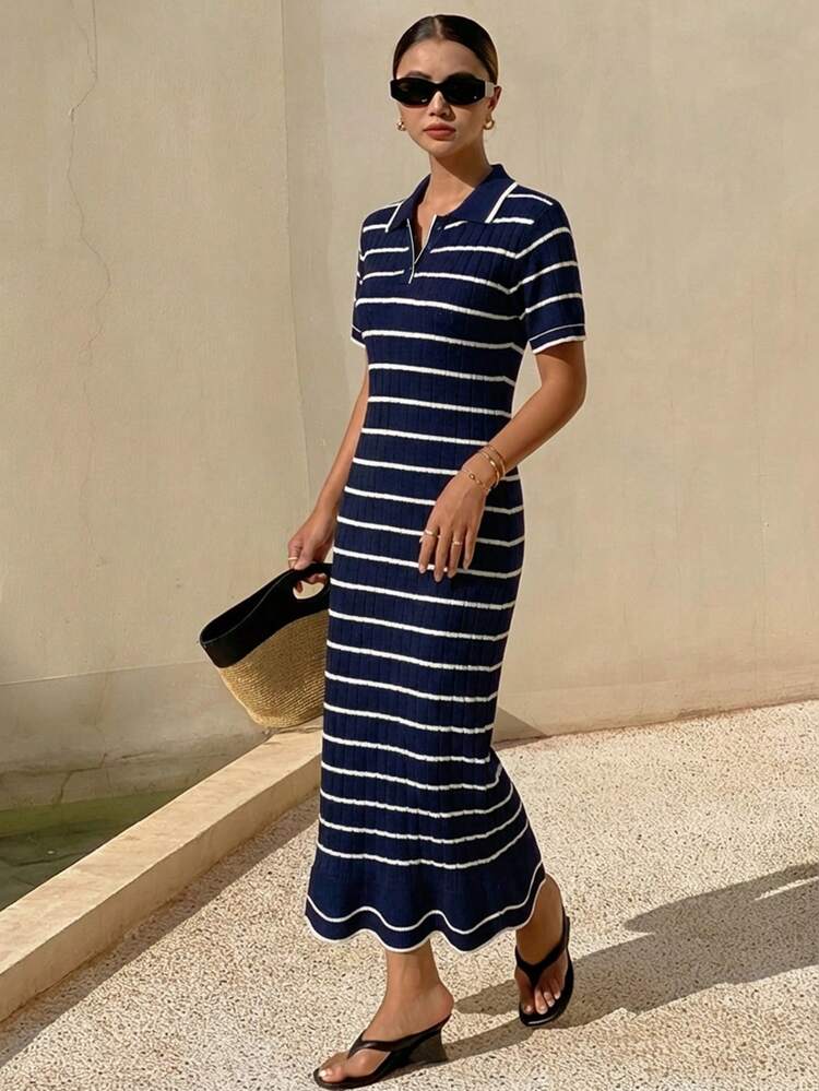 Women's Elegant Turndown Collar Colorblock Striped Knit Dress, Summer