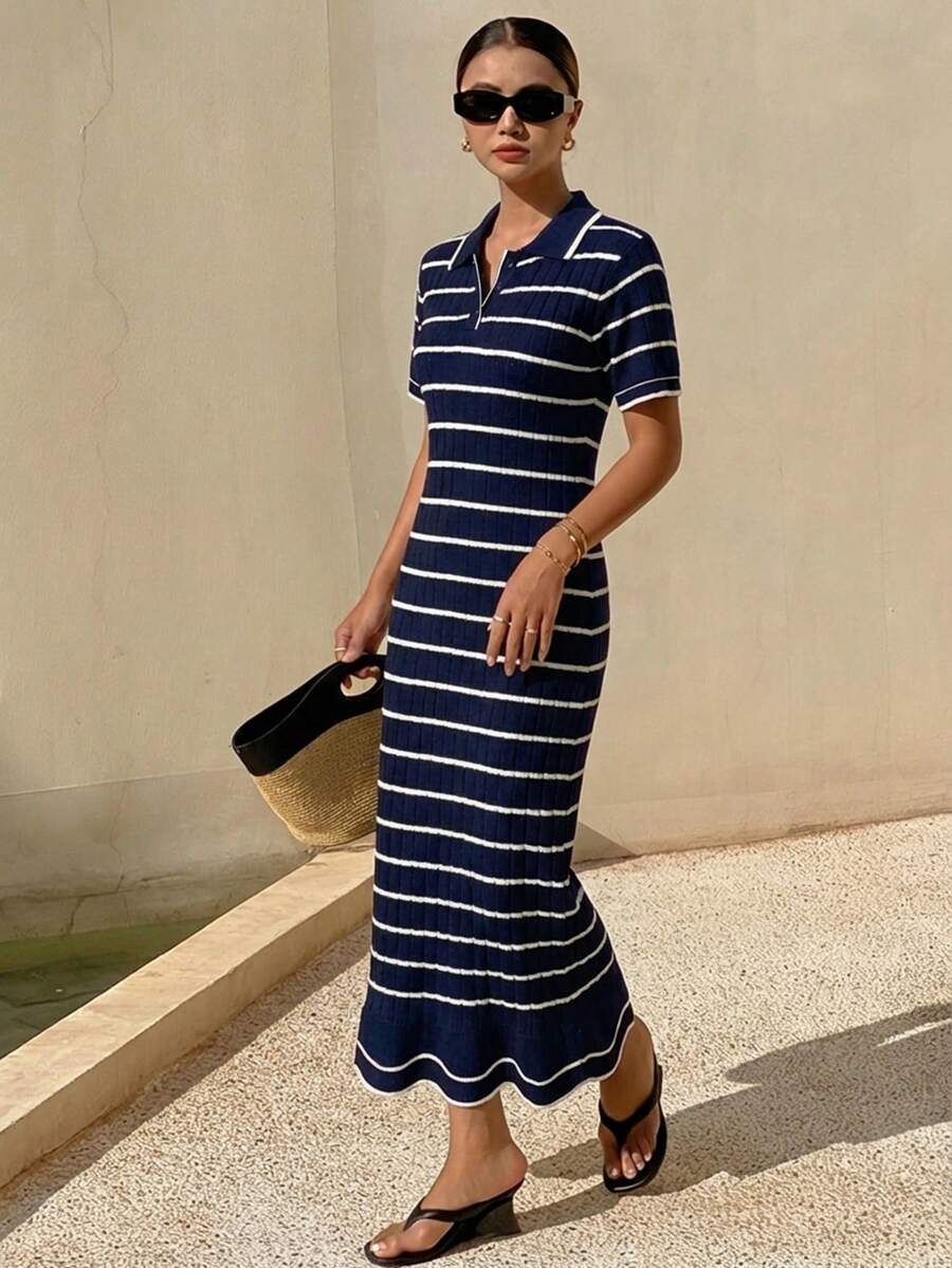 DAZY Đầm dệt kim kẻ sọc phối màu cổ bẻ thanh lịch dành cho nữ, thích hợp cho mùa hè. - Màu xanh hải quân - Xem 1