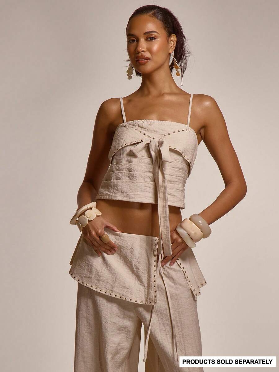 MUSERA Strappy Studded Ruched Tie Detail Bust Top Cute Summer Spring Sexy Going Out Beach Holiday Vacation Honey Tides - Light Grey - View 1