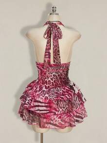 SHEIN ICON Plus Size Women's Sexy Beach Vacation Leopard & Zebra Print Patchwork Backless Tie-Front Ruffle Hem Waist Cinched Dress - Hot Pink - View 2