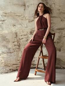MOTF PREMIUM WOMEN'S HALTER NECK LINEN JUMPSUIT, SPRING/SUMMER - Brown - View 9