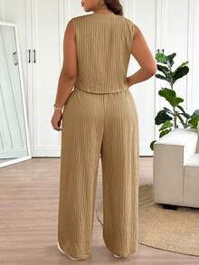 SHEIN Frenchy Plus Size Women Blazer Vest Design Casual Pants Suit - Khaki - View 2