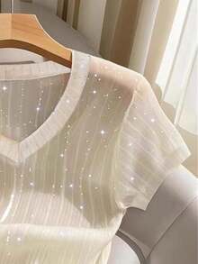 Qadelle Women's Summer Fashion Vacation Sheer Sequin Short Sleeve T-Shirt - Apricot - View 4