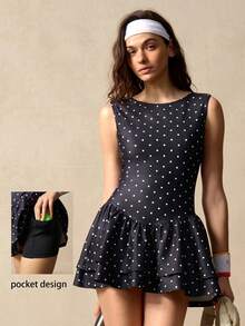 VARSIVA Women's Polka Dot Backless Sleeveless Sports Dress With Shorts - Black - View 2