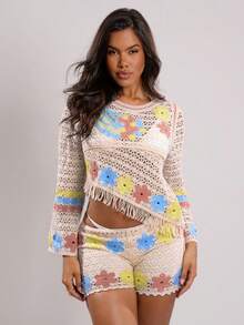 Swim Chiccia 女士优雅镂空新款沙滩罩衫，常规版型长袖，夏季沙滩度假 - 彩色 - 查看 1