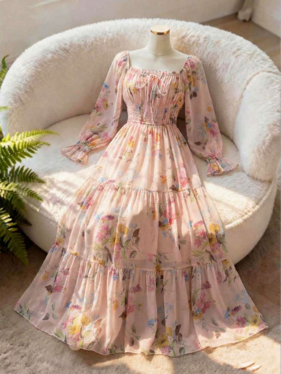GlowEve Đầm nữ thanh lịch, thời trang, thoải mái, quyến rũ, cổ điển, tối giản, cao cấp, lãng mạn, thích hợp cho kỳ nghỉ, quý cô dịu dàng, tay dài, cổ vuông, eo xếp ly, dáng chữ A, chất liệu chiffon, họa tiết hoa nhí (Họa tiết hoa nhí ngẫu nhiên) - Hồng - Xem 1
