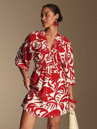 Swim Chiccia Women's V-Neck Printed Vacation Dress, Women's 7/8 Sleeve Cinched Waist A-Line Short Vacation Dress, Women's Spring/Summer Printed Dress, Fabric Feature: Fashionable