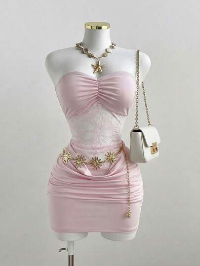 Sweetra New European And American Fashion Sexy Lace Elegant Tube Top Cinched Waist Mini Dress, Suitable For Daily, Date, Vacation