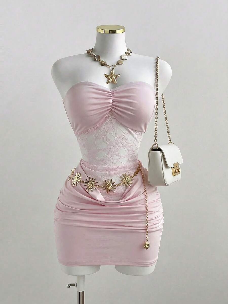 Sweetra Đầm ngắn kiểu dáng châu Âu và Mỹ mới, gợi cảm, thanh lịch với áo ống ren, eo thắt, thích hợp cho mặc hàng ngày, hẹn hò, đi nghỉ mát. - Màu Hồng baby - Xem 1