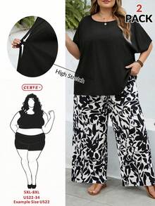 SHEIN CURVE+ Kích cỡ US22 (dành cho người có thân hình đầy đặn) Lễ hội âm nhạc, Kỳ nghỉ bên bờ biển, Phong cách Bohemia Bộ 2 món áo sơ mi rộng và quần họa tiết hoa nhí dành cho nữ, trang phục mùa hè - màu đen - Xem 1