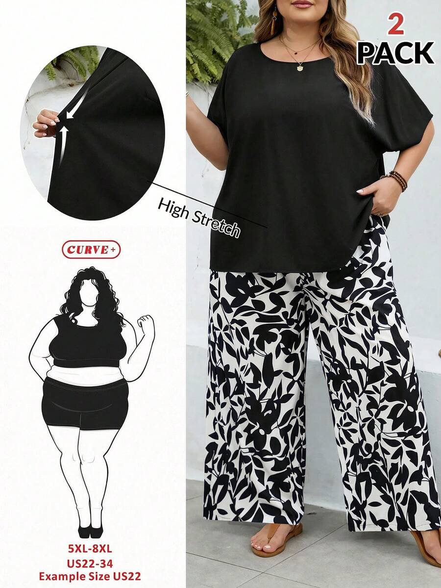 SHEIN CURVE+ Kích cỡ US22 (dành cho người có thân hình đầy đặn) Lễ hội âm nhạc, Kỳ nghỉ bên bờ biển, Phong cách Bohemia Bộ 2 món áo sơ mi rộng và quần họa tiết hoa nhí dành cho nữ, trang phục mùa hè - màu đen - Xem 1