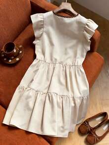 SHEIN Tall 女士优雅杏色贝壳刺绣蝴蝶结设计短袖修身喇叭迷你连衣裙，春夏款 - 杏色 - 查看 2