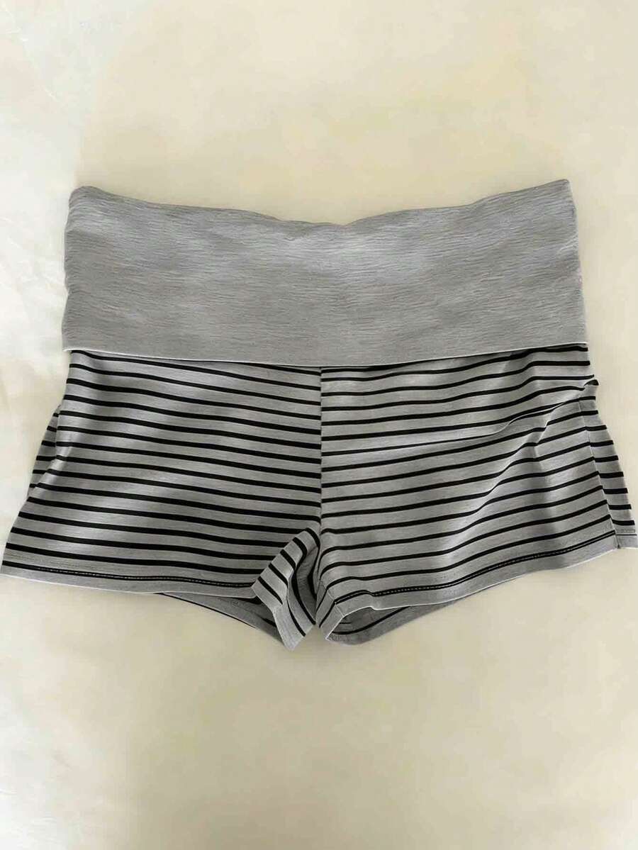 Noixe Y2K 女式灰色条纹撞色短裤,休闲舒适日常穿着短裤,适合夏季外出 - 彩色 - 查看 1