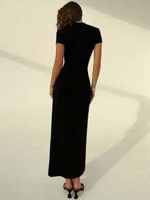 SHEIN PETITE 娇小女士中国风长款旗袍连衣裙，撞色滚边，撞色中式纽扣闭合；时尚优雅女士连衣裙，性感迷人女士长裙；适合各种场合，通勤，聚会等。 - 彩色 - 查看 2