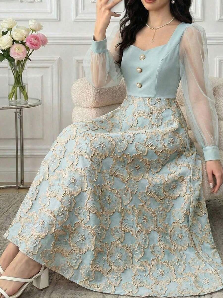 SHEIN 少女优雅灯笼袖提花拼接泡泡公主裙 - 薄荷綠 - 查看 1
