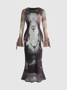 ROMWE Avant Vintage Neo-Chinese Style Buddha Print Fitted Dress - Multicolor - View 3