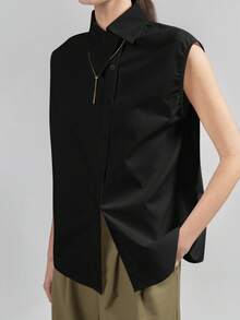 Ontre Áo sơ mi nữ dệt kim mùa hè mới 2026SS, màu đen trơn, cổ tròn, tay cánh hoa, kiểu dáng rộng rãi thoải mái, phù hợp cho giáo viên, công sở, lễ hội âm nhạc, phong cách công sở thường ngày, áo sơ mi cài nút thanh lịch thành thị. - màu đen - Xem 3