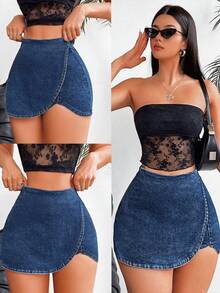 Rivivi Quần short denim bó sát màu trơn dành cho nữ - Màu xanh lam - Xem 3