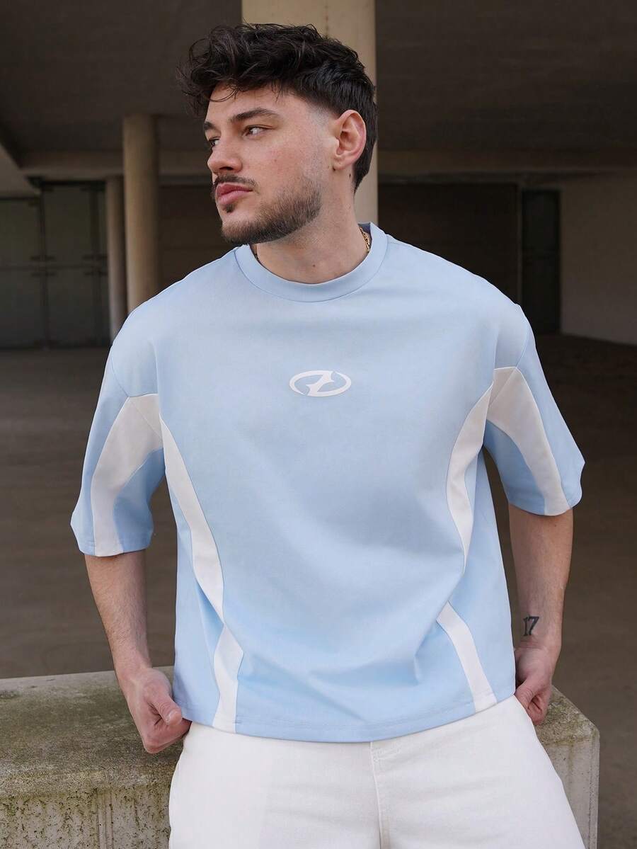 LEOGASHI LEOGASHI Kaos Lengan Pendek Rajut Longgar Kasual untuk Pria Muda, Motif Patchwork, Cocok untuk Musim Panas, Gaya Streetwear. - Baby Blue - View 1
