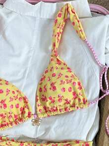 Swim Mod Bikini de dos piezas con estampado floral rosa y amarillo, copas triangulares y tirantes gruesos, para vacaciones en la playa - Multicolor - Ver 5