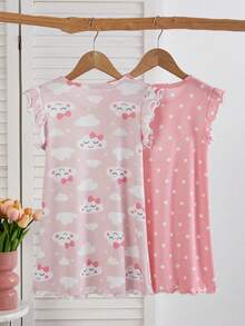 2pcs/Set Young Girl' Cap Sleeve Frill Trim Casual Nightgown & Loungewear Set, Spring/Summer - Pink - View 2