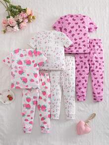 Genkimix Kids 6pcs Young Girl' Short Sleeve Snug Fit Pajama Set With Bow & Heart Prints, Stretchy, Machine Washable, Comfortable Fit, 3 Sets Sold Separately - Multicolor - View 2