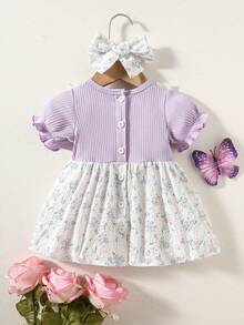 SHEIN Summer Newborn Baby Girl Blue White Floral Dress And Headband,Cute Baby Shower Christening Outfit,Short Sleeved Patchwork Bubble Photoshoot Outfit - Purple - View 3