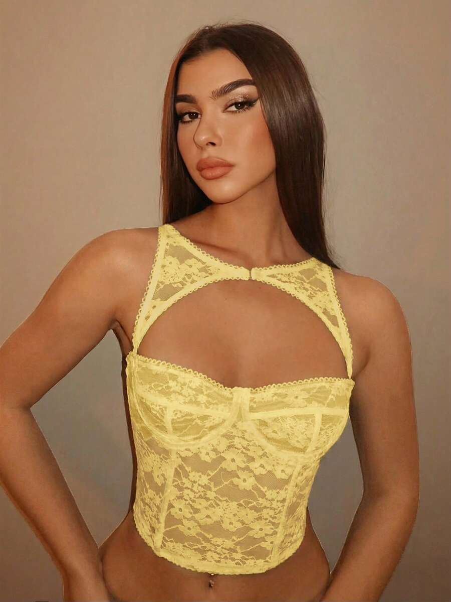 SHEIN BAE Áo corset đen có thể tháo rời, thích hợp cho lễ hội âm nhạc và các buổi hòa nhạc, trang phục đi xem hòa nhạc. - Màu vàng - Xem 1