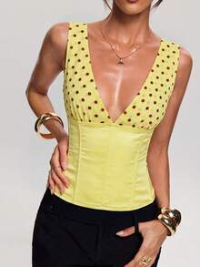 SHEIN BAE 女士性感波点印花拼接深V领无袖上衣，夏季 - 黃色 - 查看 6