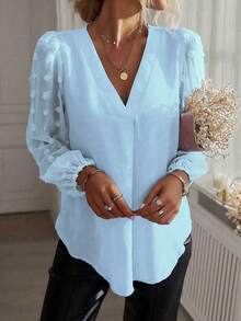 EMERY ROSE Plus Size Women Casual Commuter Solid Color Lantern Sleeve Top - Blue - View 4