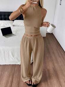 SHEIN EZwear 女士针织纹理吊带上衣和裤子休闲度假套装 - 卡其色 - 查看 1